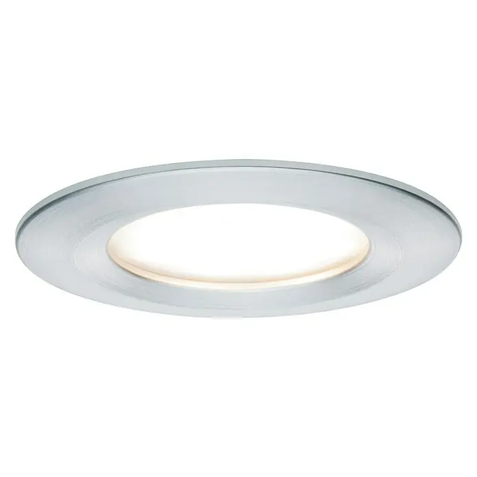 Paulmann LED-Einbauleuchte Nova - 6,5 W, Aluminium, Warmweiß - Nahaufnahme einer LED-Deckenleuchte mit gebürstetem Nickelrand, die ein warmes, einladendes Licht ausstrahlt. Ideal für moderne Innenräume.