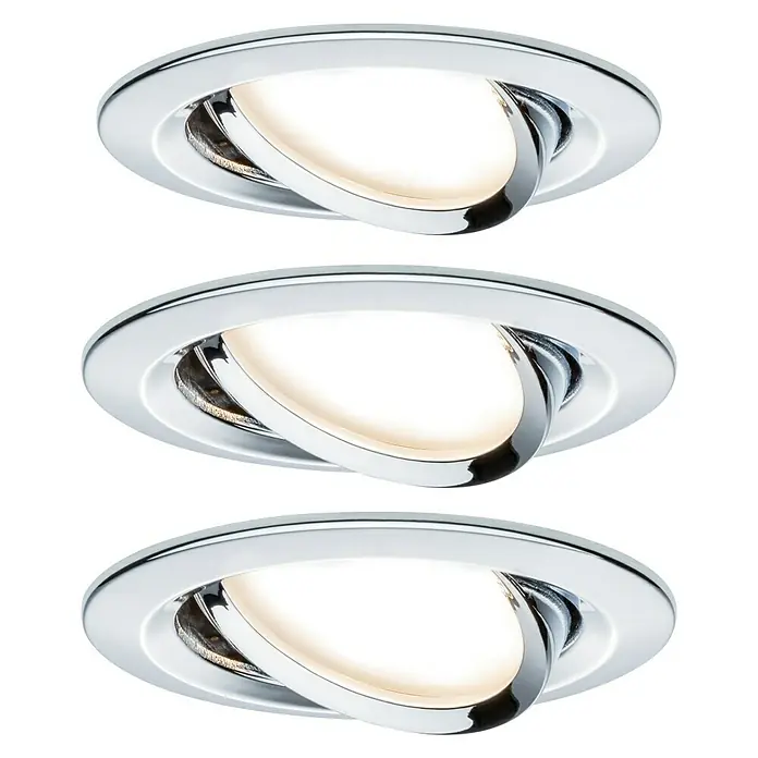Paulmann Nova LED-Einbauleuchten-Set - 6,5 W, 3 Stk., Warmweiß, Durchmesser: 8,4 cm, Chrom - Nahaufnahme von drei polierten Chrom-Einbaustrahlern mit hellen, abgewinkelten LEDs. Das moderne Design sorgt für eine elegante Beleuchtung.
