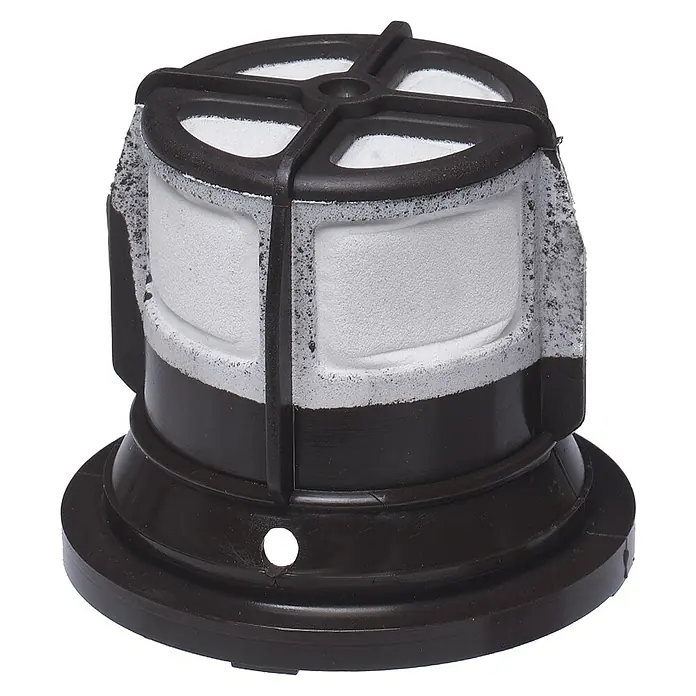 Toyotomi Filtro de combustible A - Apto para: Estufas de parafina - Primer plano de un filtro de agua negro redondo con material filtrante blanco y una rejilla negra en la parte superior.