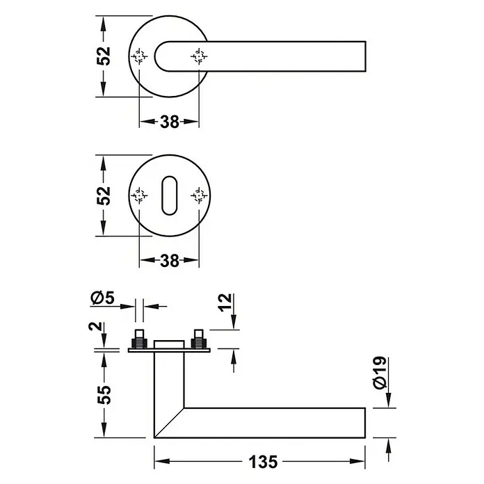 Häfele WC-Drückergarnitur LDH 2198 - Schlitzkopf/Olive, Edelstahl - Technische Zeichnung eines Türgriffs mit Maßen. Präzise Angaben zu Länge, Durchmesser und Montagepunkten des Türbeschlags.