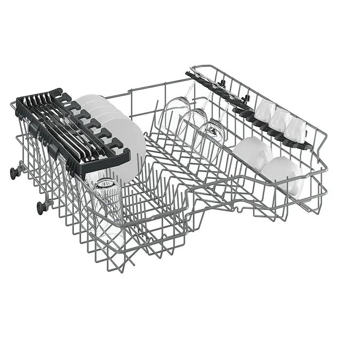 Beko Lavavajillas integrable DIN36430 - Ancho: 59,8 cm, Número de cubiertos: 14 ud., Completamente integrado, Consumo de agua por uso: 11,5 l - Vista de la cesta del lavavajillas con platos, cubiertos y vasos.