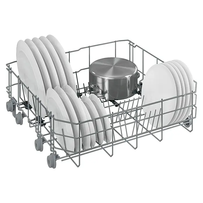 Beko Lavavajillas integrable DIN36430 - Ancho: 59,8 cm, Número de cubiertos: 14 ud., Completamente integrado, Consumo de agua por uso: 11,5 l - Cesto del lavavajillas lleno de platos blancos limpios y una olla, listo para el próximo ciclo para una vajilla reluciente.