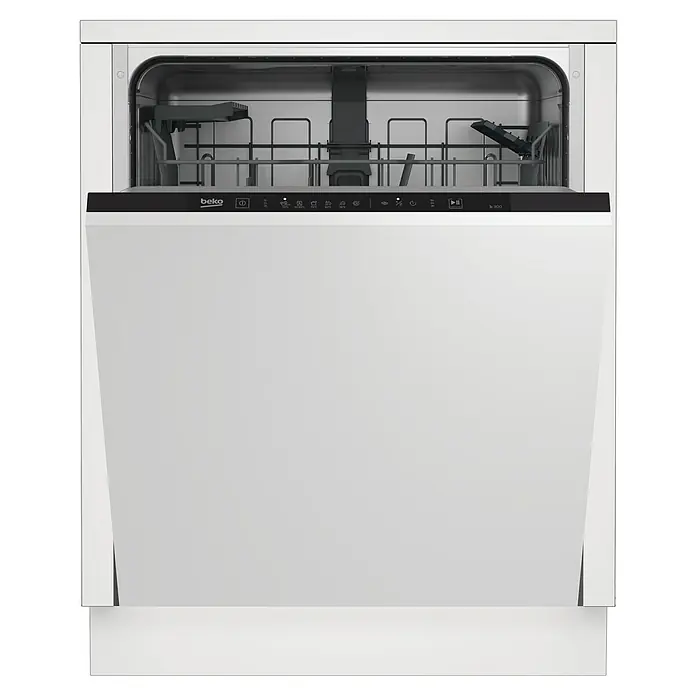 Beko Lavavajillas integrable DIN36430 - Ancho: 59,8 cm, Número de cubiertos: 14 ud., Completamente integrado, Consumo de agua por uso: 11,5 l - Lavavajillas Beko blanco abierto que ofrece una visión interior con rejillas. El panel de control es visible en la foto.