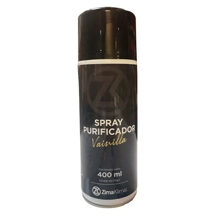ZimaKlima Spray ambientador Refresh - Aroma Vainilla - Primer plano de un aerosol ambientador ZimaKlima Spray Purifikator Vainilla, aislado sobre un fondo negro.