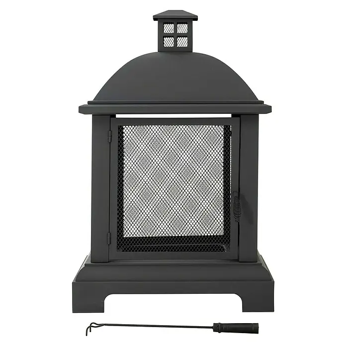 Feuerkorb Marseille - L x B x H: 66 x 66 x 102 cm, Schwarz - Nahaufnahme eines schwarzen Kaminofens mit einer Schürstange davor.