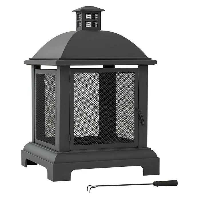 Feuerkorb Marseille - L x B x H: 66 x 66 x 102 cm, Schwarz - Dieser Artikel zeigt eine schwarze Feuerstelle für den Außenbereich mit Gitterwänden und einem Schürhaken.