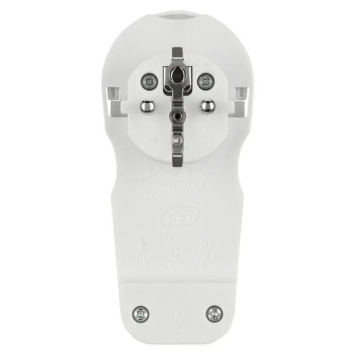 Voltomat Flachstecker - Weiß - Nahaufnahme eines weißen Schutzkontaktsteckers mit sichtbaren Metallkontakten und Schrauben. Ideal für Elektroinstallationen und sichere Stromversorgung.