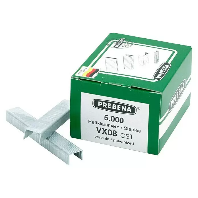 Prebena Heftklammer Typ VX - Länge: 8 mm, Rückenbreite: 11,3 mm, 5.000 Stk. - Grüne PREBENA Box mit 5.000 verzinkten VX08 Heftklammern und zwei silbernen Heftklammern daneben.