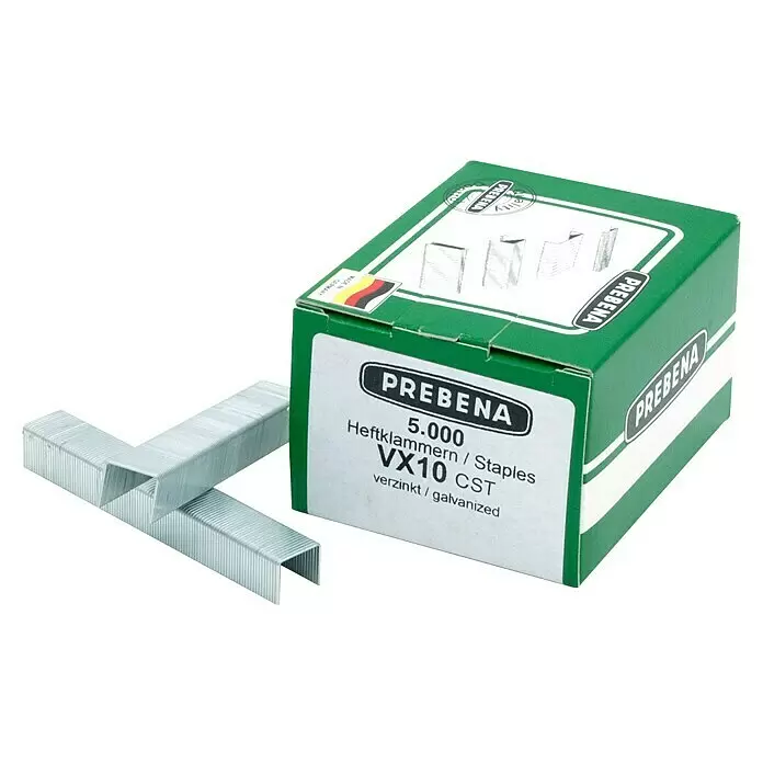 Prebena Heftklammer Typ VX - Länge: 10 mm, Rückenbreite: 11,3 mm, 5.000 Stk. - PREBENA verzinkte Heftklammern VX10 CST, 5000 Stück, in grüner Produktverpackung mit zwei Klammerleisten daneben.