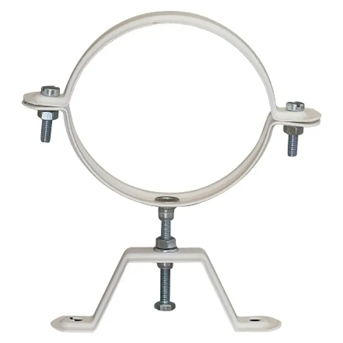 Practic Abrazadera de pared ajustable - Diámetro: 110 mm, Blanco - En la imagen se muestra una abrazadera para sujetar tuberías, que consta de un anillo y un soporte robusto con tornillos.