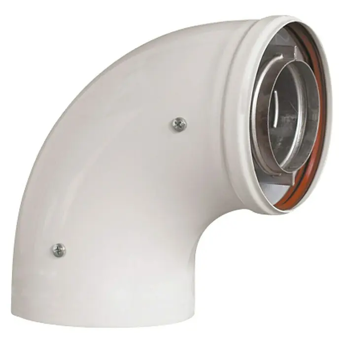 Practic Codo para tubos coaxial - Diámetro: 100 mm, 90 °, Blanco - Tubo de codo blanco de 90 grados con tornillos y un conector interno de tubo metálico para una conexión segura y hermética.