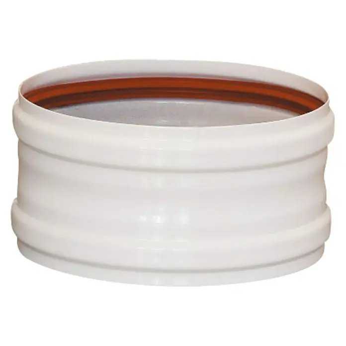 Practic Manguito de unión para tubos - Diámetro: 100 mm, Blanco - Primer plano de un manguito de tubería de PVC blanco con un anillo de sellado naranja, utilizado para aplicaciones de fontanería y construcción.