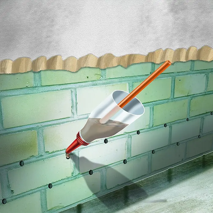 MEM Trockene Wand - 5 l - Einrichtung zum Injizieren von Flüssigkeit in eine grüne Backsteinmauer zur Feuchtigkeitskontrolle, mit orangefarbenem Schlauch und klarer Flasche.