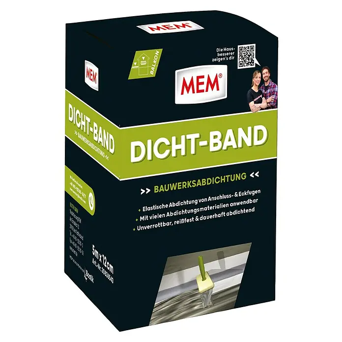 MEM Dichtband - 5 m x 12 cm - Bild einer Packung MEM Dicht-Band, ein Dichtmittel zur Bauwerksabdichtung. Das Produkt ist elastisch, reißfest und dauerhaft abdichtend.