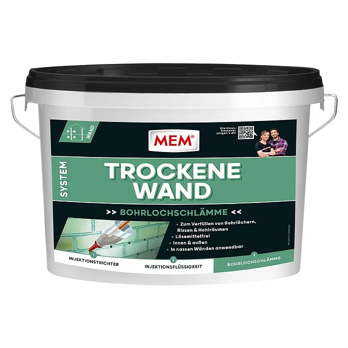 MEM Bohrlochschlämme - 2,5 kg - Dose MEM Trockene Wand, ein Produkt zur Trockenlegung von Wänden und zur Reparatur von Bohrlöchern und Rissen im Innen- und Außenbereich.