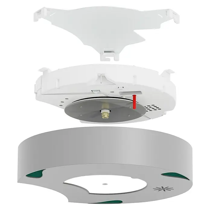 Löschsystem Filiqux Basic - Nettovolumen: 2,5 l - Exploded-Ansicht einer Deckenleuchte in Weiß und Grau, die ihre modulare Bauweise und Installationsfreundlichkeit hervorhebt.