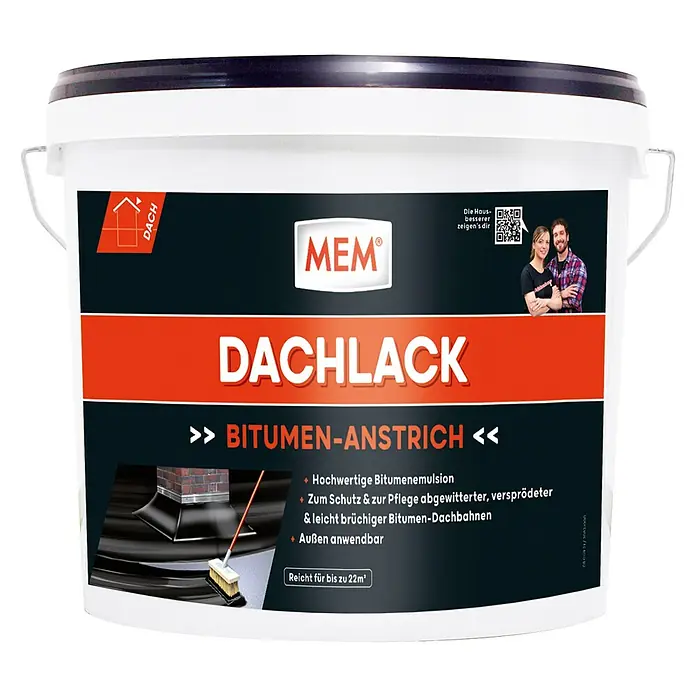 MEM Dachlack - 10 l - Abbildung eines Eimers MEM Dachlack Bitumen-Anstrich, eine hochwertige Bitumenemulsion für den Schutz und die Pflege von Dachbahnen.
