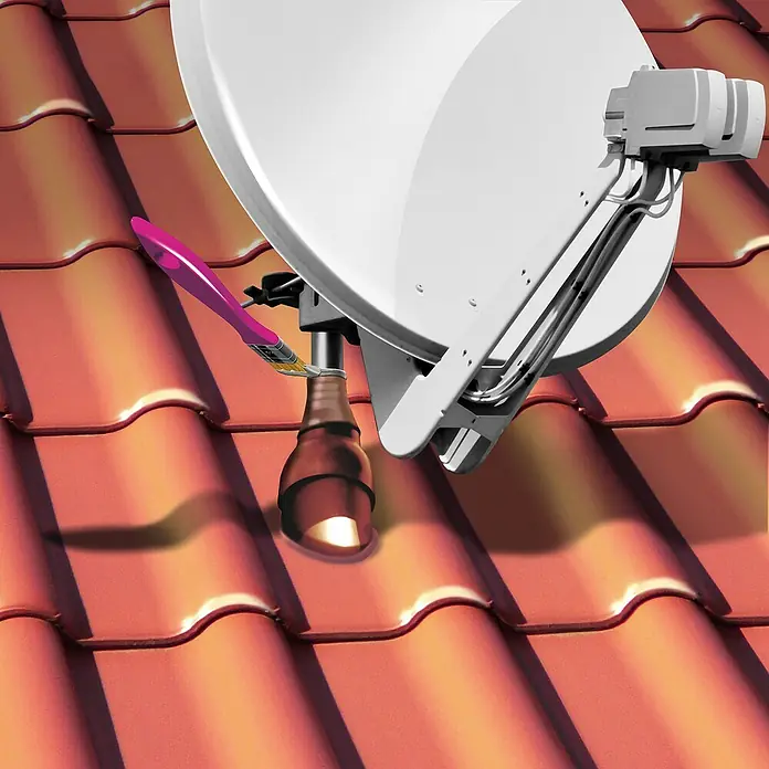 MEM Dicht-Fix - 4 l - Antenne auf dem Dach mit ungewöhnlicher Halterung. Kreative Lösung zur Befestigung, die ins Auge fällt und zum Nachdenken anregt.