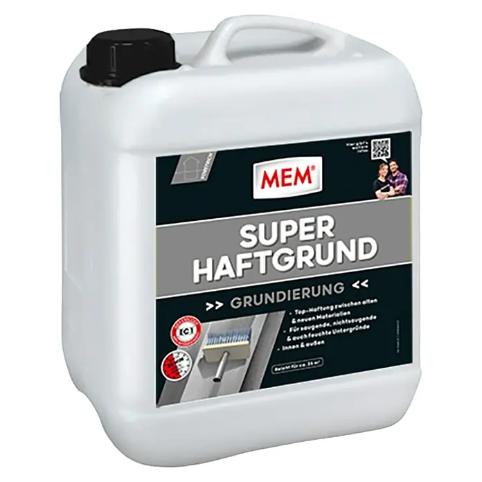 MEM Haftgrund - 5 l, Materialeignung: Holz - Ein weißer Kanister MEM Super Haftgrund Grundierung, ideal für verschiedene Materialien und Untergründe im Innen- und Außenbereich.