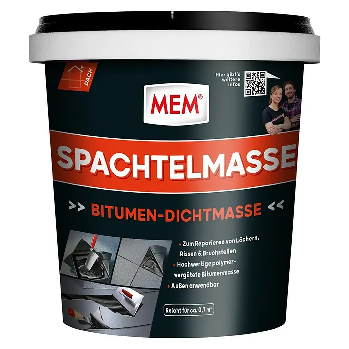 MEM Spachtelmasse - 1 kg, Lösemittelfrei - Ein Eimer MEM Bitumen-Dichtmasse Spachtelmasse für die Reparatur von Löchern, Rissen und Bruchstellen, außen anwendbar und reicht für ca. 0,7 m².