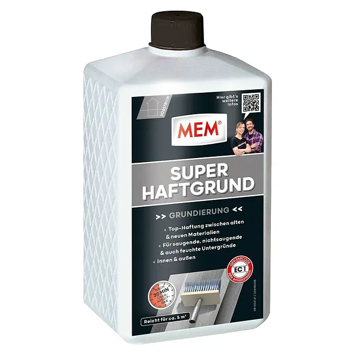 MEM Haftgrund - 1 l, Materialeignung: Holz - Produktbild: MEM Super Haftgrund, eine Grundierung für verbesserte Haftung auf verschiedenen Materialien, ideal für Innen- und Außenbereiche.