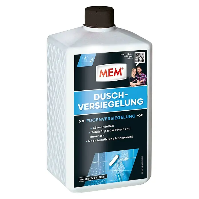 MEM Dusch-Bad-Dicht - 1 l - Produktbild einer Flasche MEM Dusch-Versiegelung. Sie ist lösemittelfrei und schließt poröse Fugen sowie Haarrisse. Nach Aushärtung ist sie transparent.
