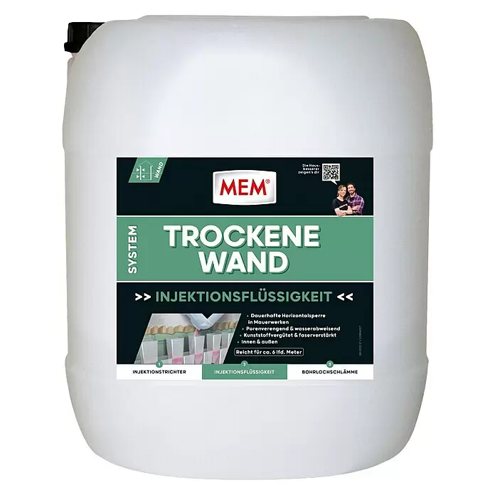 MEM Trockene Wand - 30 l - Weißer Kunststoffkanister mit MEM 'Trockene Wand' Injektionsflüssigkeit zur dauerhaften Horizontalabdichtung in Mauerwerken.