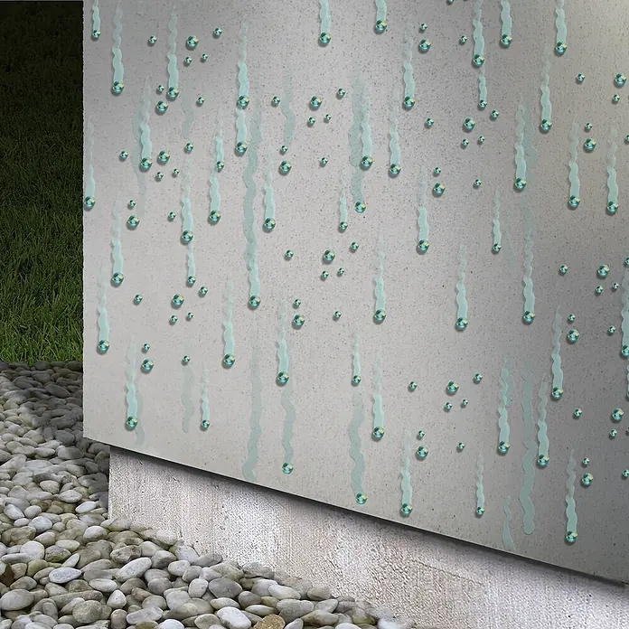 MEM Fassadenschutz - 1 l - Nahaufnahme einer Wand mit Wasserperlenmuster, ideal für eine moderne Innenarchitektur.
