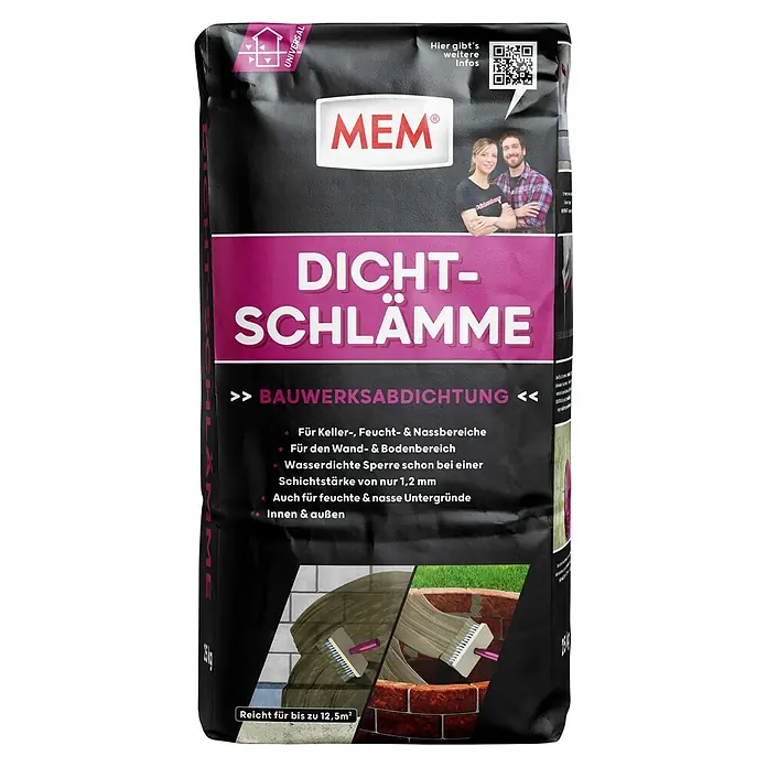 MEM Dichtschlämme - 25 kg - Abbildung einer 25-kg-Packung MEM Dicht-Schlämme, einer Bauwerksabdichtung für Keller-, Feucht- und Nassbereiche, geeignet für Wände und Böden.