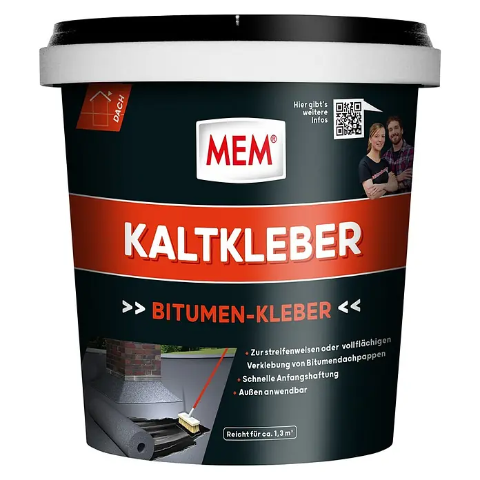 MEM Kaltkleber - 0,8 kg - Abbildung eines Eimers MEM Kaltkleber, ideal für die Dachreparatur und Abdichtung, mit Bitumenkleber.