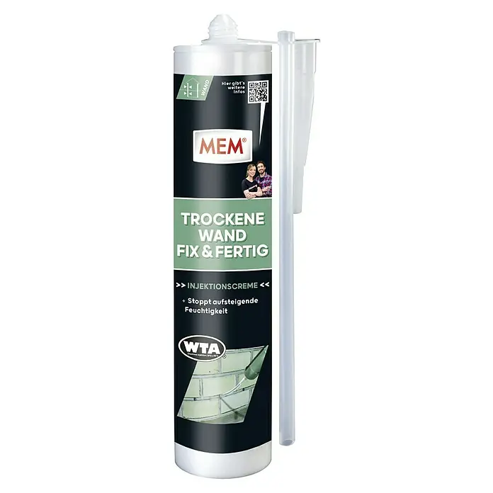 MEM Trockene Wand Fix & Fertig - 290 ml - Produktbild von MEM Trockene Wand Fix & Fertig Injektionscreme, die eine Lösung zur Beseitigung aufsteigender Feuchtigkeit in Wänden bietet.