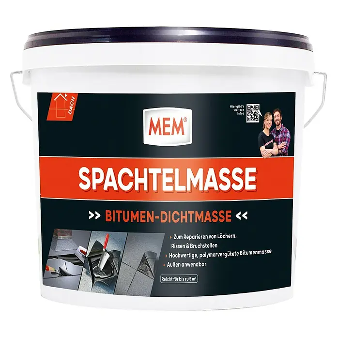MEM Spachtelmasse - 7 kg, Lösemittelfrei - Produktbild eines Eimers MEM Spachtelmasse, einer Bitumen-Dichtmasse zur Reparatur von Löchern und Rissen im Außenbereich.