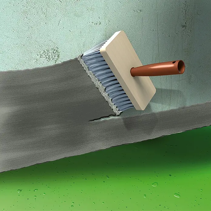 MEM Trockener Keller Abdichtung - 5 kg - Bild eines  bürstenartigen Werkzeugs, das eine graue Oberfläche versiegelt, ideal für Bau- und Renovierungsprojekte.