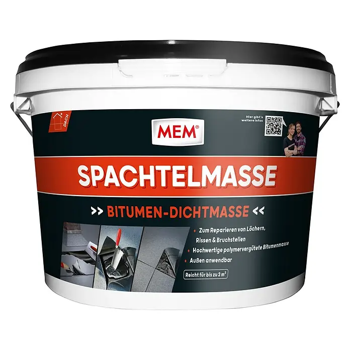MEM Spachtelmasse - 4 kg, Lösemittelfrei - Eine Dose MEM Spachtelmasse Bitumen-Dichtmasse zur Reparatur von Löchern, Rissen und Bruchstellen. Außen anwendbar, reicht für bis zu 3 m².