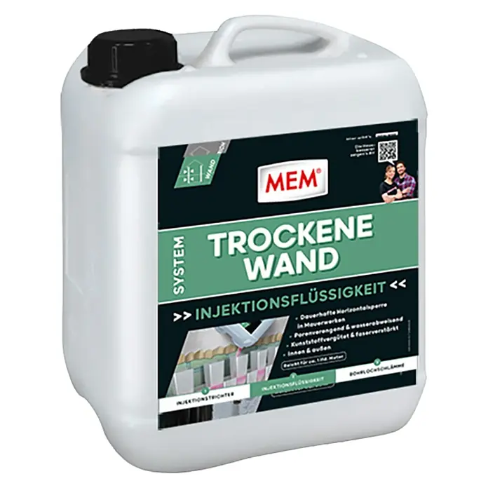 MEM Trockene Wand - 5 l - Kanister mit MEM Trockene Wand Injektionsflüssigkeit, ein Produkt zur Mauerwerkstrockenlegung, mit Etikett und Produktinformationen.