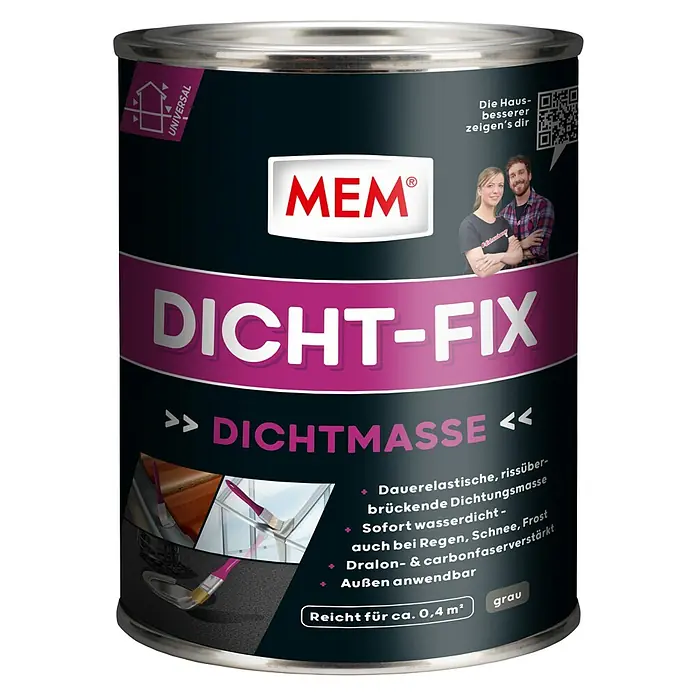 MEM Dicht-Fix - 750 ml - Dose MEM Dicht-Fix Dichtmasse. Dauerelastische, rissüberbrückende Dichtungsmasse für den Außenbereich. Reicht für ca. 0,4 m², Farbe grau.