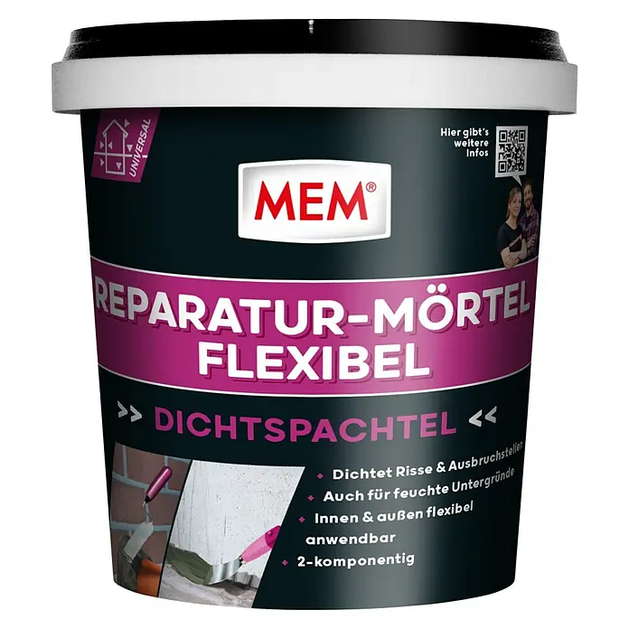 MEM Gummi-Mörtel - 1 kg - Abbildung eines Eimers MEM Reparatur-Mörtel Flexibel Dichtspachtel, geeignet zur Reparatur von Rissen und Ausbruchstellen.