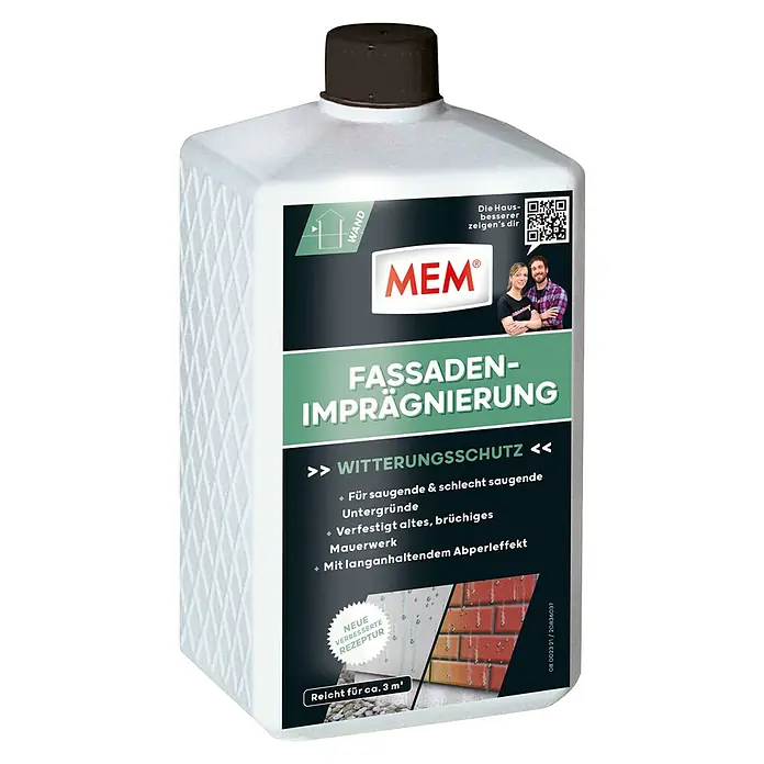 MEM Fassadenschutz - 1 l - Flasche MEM Fassadenimprägnierung für langanhaltenden Fassadenschutz und zur Verfestigung von Mauerwerk. Reicht für ca. 3 m².