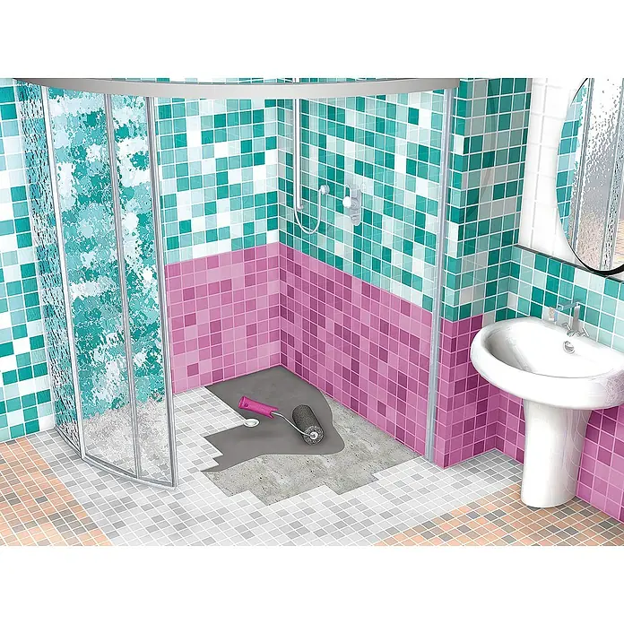 MEM Wasserstop - 290 g - Badezimmer-Renovierung mit türkisfarbenen und rosa Mosaikfliesen, Duschkabine und Waschbecken, Boden wird neu gefliest.