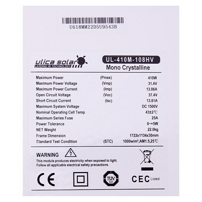 Ulica Solarmodul UL-410M-108HVNennleistung: 410 W, L x B x H: 3 x 172,2 x 113,4 cm, 1 Stk. Back View