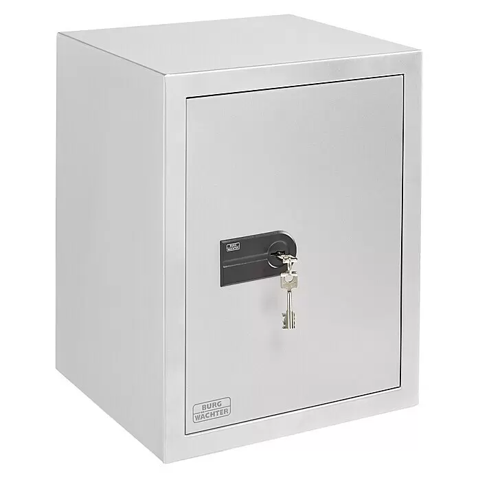 Burg-Wächter Feuerschutztresor MT 660 K - L x B x H: 390 x 430 x 530 mm, Doppelbart-Hochsicherheitsschloss, 45,3 l - Silbergrauer Metalltresor mit schwarzem Schlüsselschloss und eingestecktem Schlüssel. BURG WÄCHTER Logo auf dem Schloss.