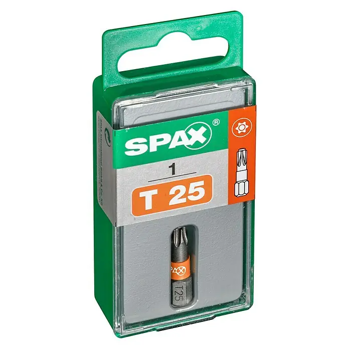 Spax Bit T-Star plus - T25, 1 Stk. - Einzelner Spax T25 Schrauberbit in grüner und transparenter Verpackung.
