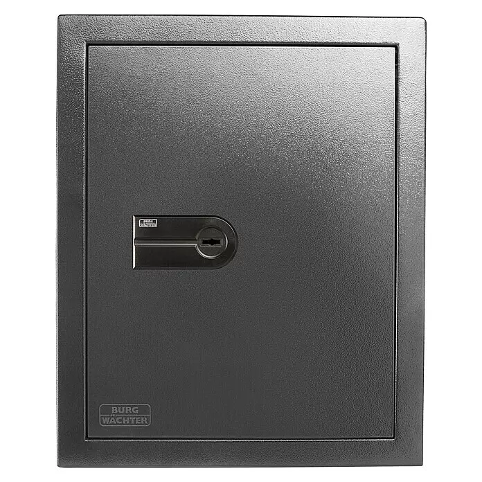 Burg-Wächter Feuerschutztresor WT 616 K - L x B x H: 351 x 434 x 532 mm, Doppelbart-Hochsicherheitsschloss, 45,7 l - Dunkelgrauer, texturierter Metallsafe mit Schlüsselschloss und BURG WÄCHTER Logo.