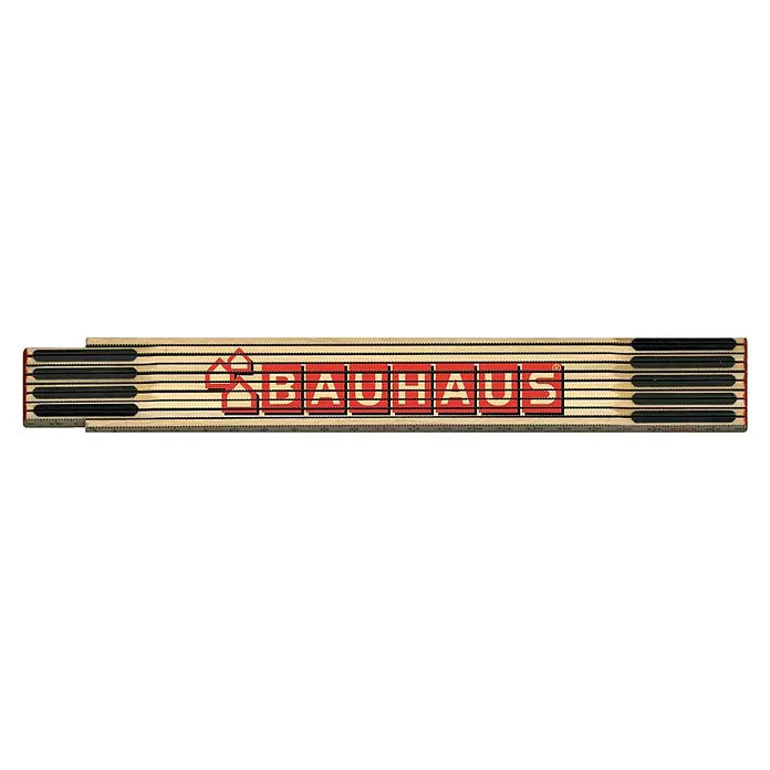BAUHAUS Metro de madera - Largo: 200 cm, Madera - Metro plegable Bauhaus con un logo rojo sobre madera clara, plegado. La herramienta es una ayuda práctica para el bricolaje y los profesionales.