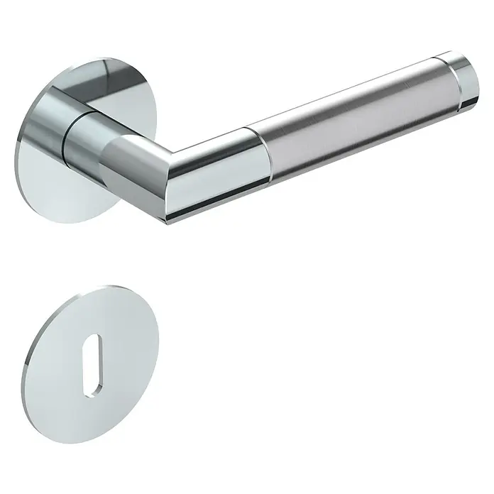 Diamond Doors Design Drückergarnitur Oregon - Stärke Tür: 40 mm - 45 mm, Edelstahl, L-Form, Buntbart - Edle Türgarnitur aus poliertem Edelstahl, bestehend aus Türdrücker und passendem Rosettenbeschlag, für moderne Inneneinrichtungen.