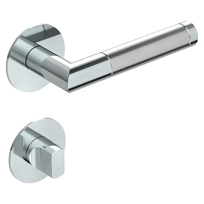 Diamond Doors Design WC-Drückergarnitur WC Oregon - Schlitzkopf/Olive, Edelstahl - Ein glänzender, silberner Türgriff mit rundem Sockel und ein Drehknopf für Badezimmer auf schwarzem Hintergrund.
