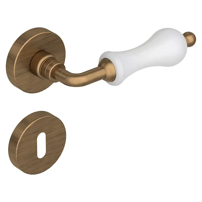 Diamond Doors Classic Zimmertürgarnitur Columbus - Bronze, Stärke Tür: 40 mm - 45 mm, Buntbart - Ein Türbeschlag mit einem bronzefarbenen Griff und einem weißen Porzellanhebel, inklusive passendem Schlüsselloch.
