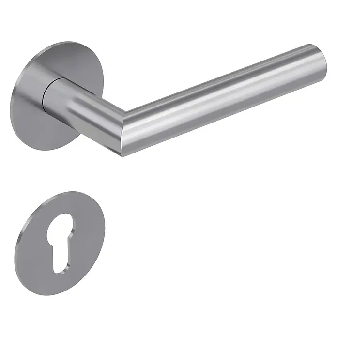Diamond Doors Design Drückergarnitur Arkansas - Edelstahl, Profilzylinder - Türdrücker-Garnitur aus Edelstahl mit Rosetten und Schlüsselrosette auf schwarzem Hintergrund.