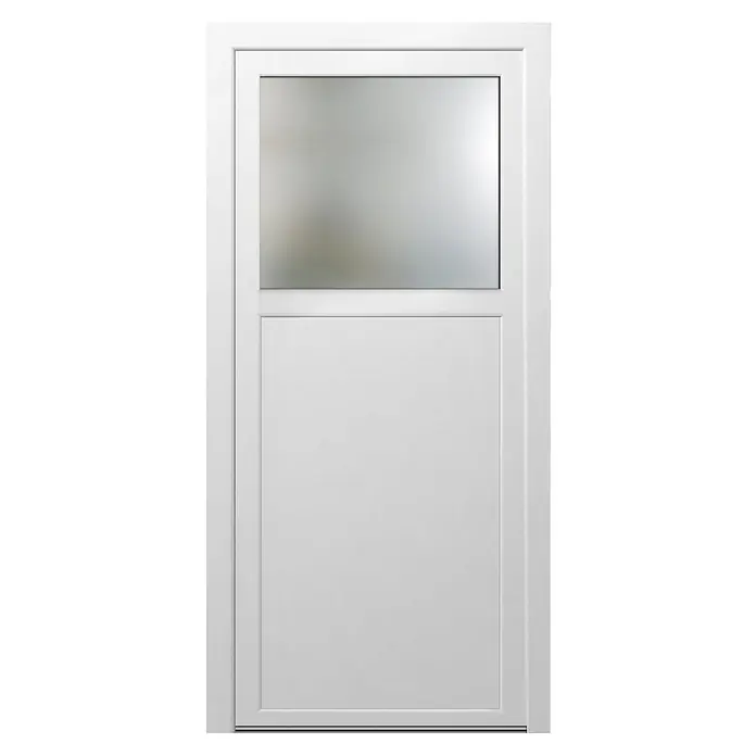 Solid Elements Nebeneingangstür KF-02 - 88 x 198 cm, DIN Anschlag: Rechts, Weiß - Nahaufnahme einer weißen Innentür mit einem Milchglasfenster im oberen Bereich, ideal für Badezimmer oder andere private Räume.