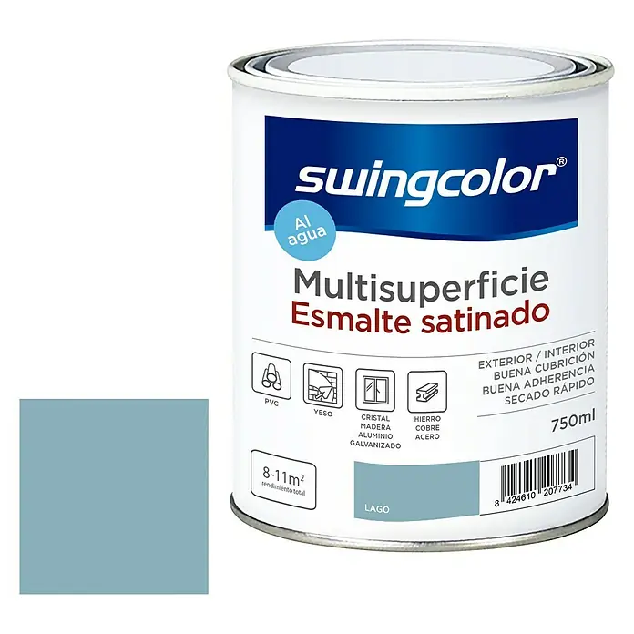 swingcolor Esmalte de color Multisuperficie - Lago, Satinado, 750 ml - Bote de pintura multisuperficie Swingcolor, acabado satinado en "Lago". Apto para interiores y exteriores, con buena cobertura y adherencia.